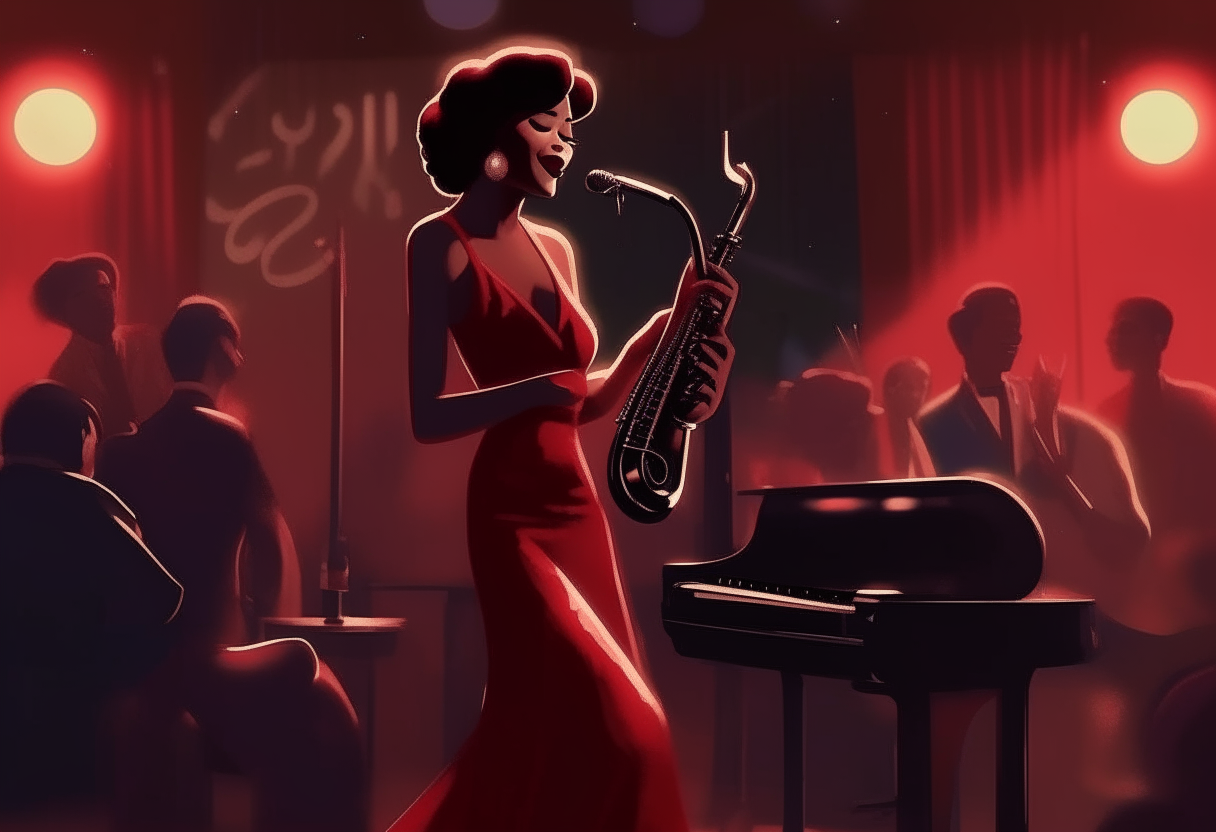 a female jazz singer wearing a red dress singing passionately into a microphone in front of a jazz band playing saxophone, trumpet, piano, bass and drums in a smoky night club, digital art in 4k resolution