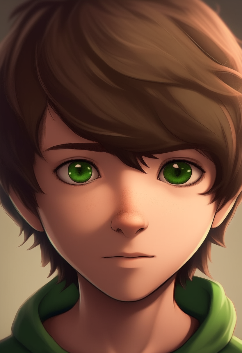 anime style portrait of a kind 12 year old boy with brown hair and green eyes, 4k hd
