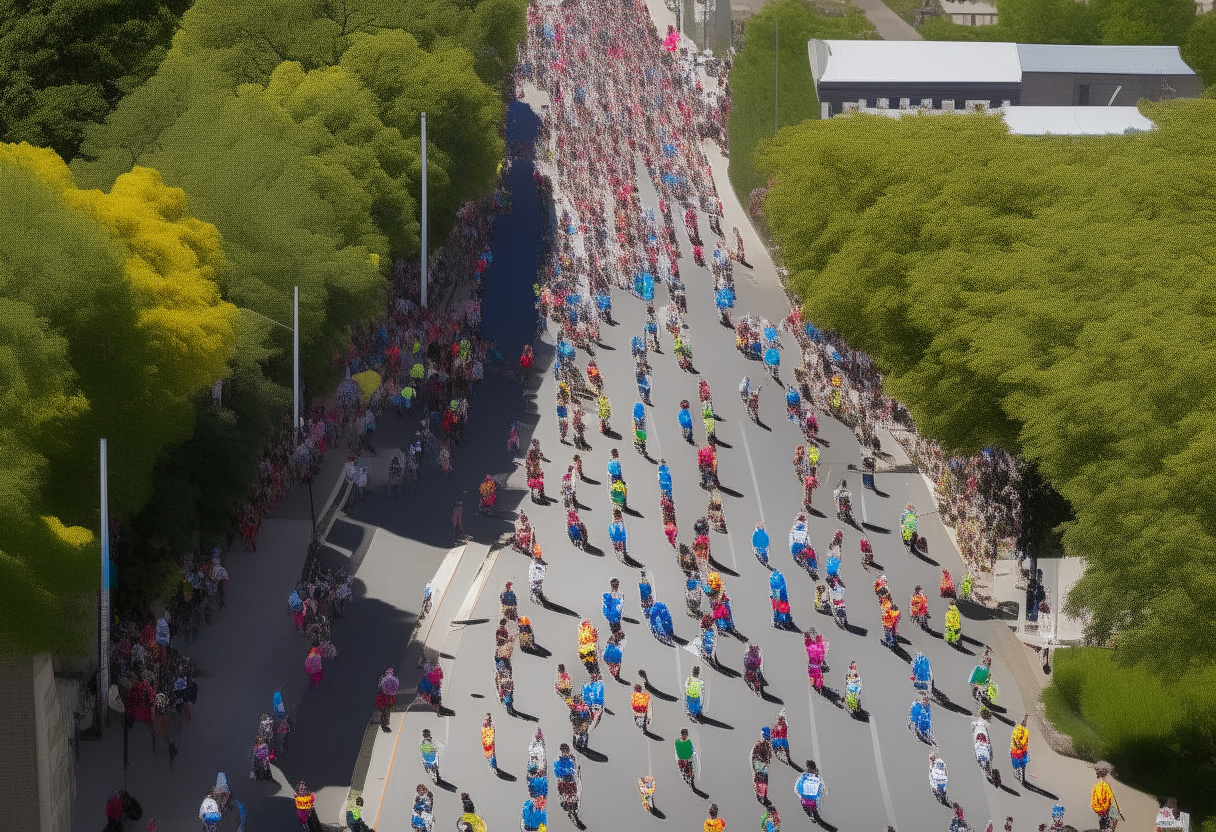 Aerial view of a crowded marathon course on a sunny day. Dozens of runners in colorful shorts and shirts are seen making their way along the winding road which passes trees and buildings. The lead runners are approaching the finish line as the back of the pack is just starting.