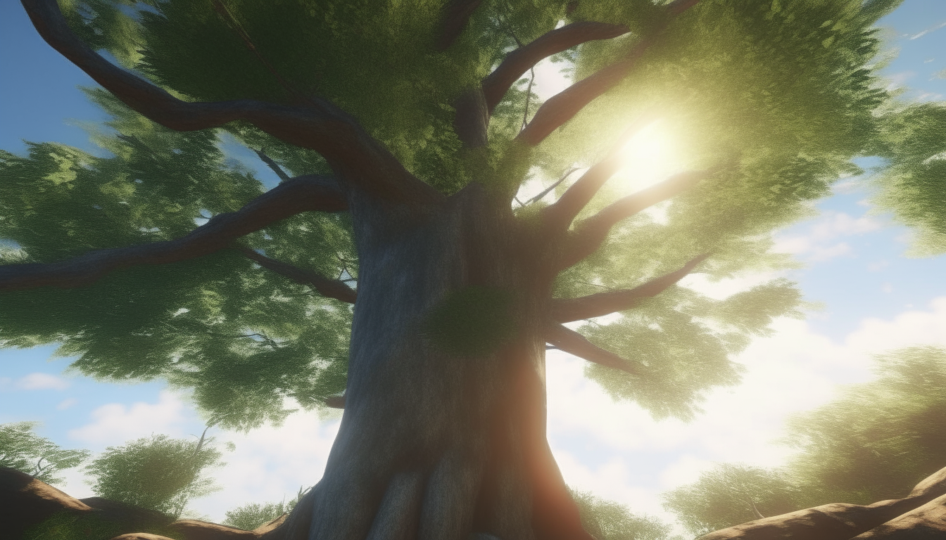 /imagine prompt: 3d animation, personality: A vibrant tree standing tall and proud in a lush green forest. Show the tree exuding strength and vitality, with its branches reaching towards the sky. Unreal engine, hyper real --q 2 --v 5.2 --ar 16:9