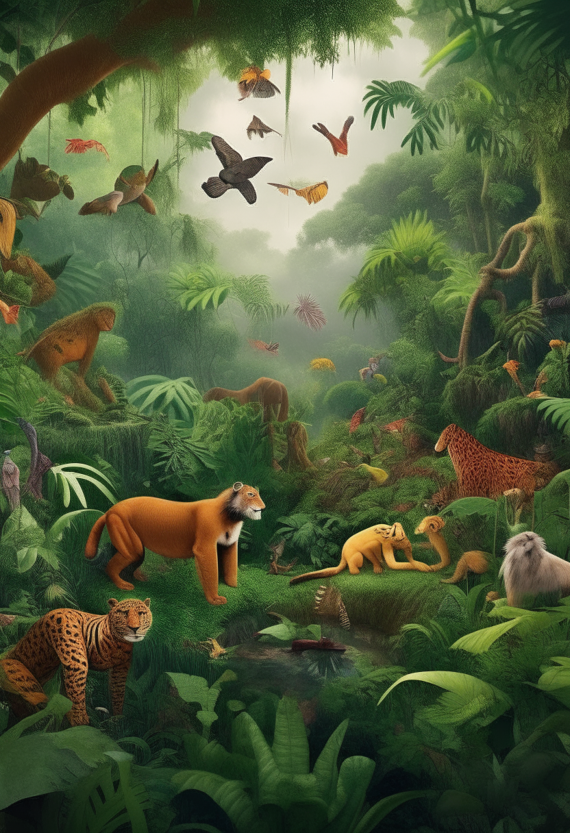 A picture set entirely in a jungle, showcasing various animals and lush vegetation.