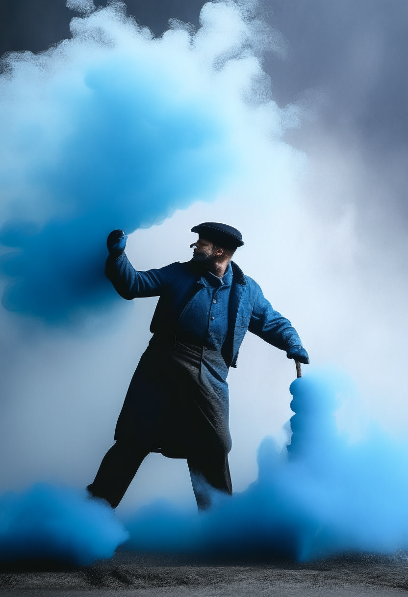 Dancing chimney sweep in billowing blue smoke