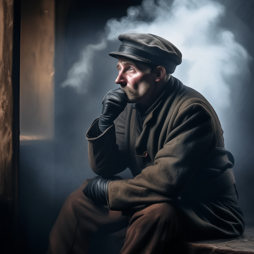 A sad-looking chimney sweep sitting in a large metal ventilation duct, coughing into his elbow due to the thick smoke in the air. His clothes and face are covered in soot and his eyes are watering from the fumes.