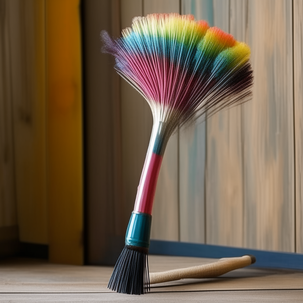 A long-handled brush with a rainbow of soft bristles at the end, perfect for sweeping chimneys