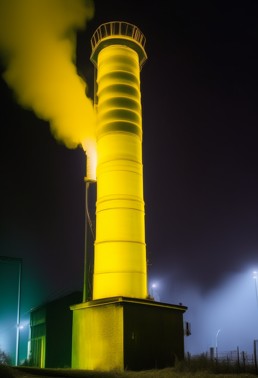 A tall metal chimney glowing neon yellow, venting smoke from a factory