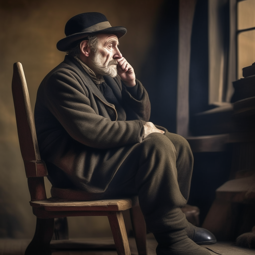 A sad-looking chimney sweep sitting on an old wooden chair, lost in thought