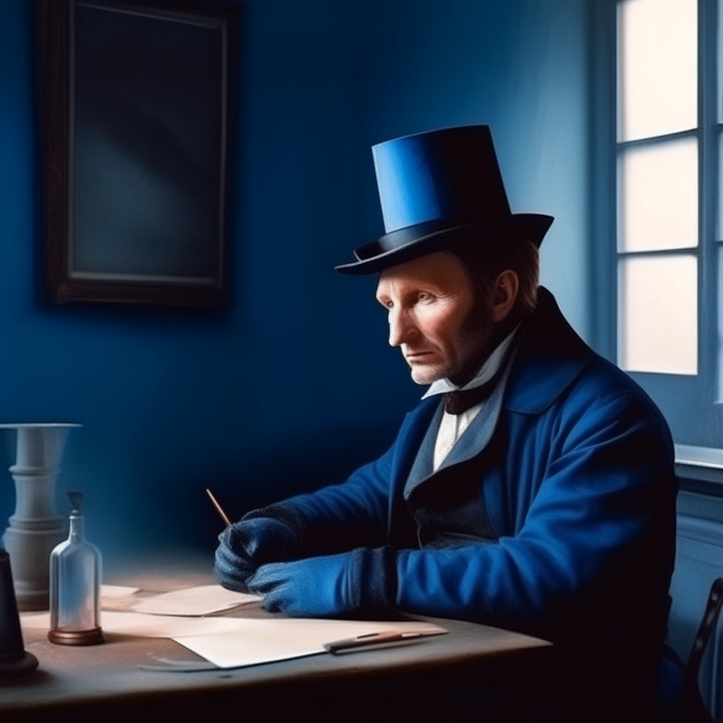 a man in a chimney sweep's clothes and a top hat sits at a table in an office, a hat on his head, a chimney sweep's brush in his hand, everyday realism, an advertising image in blue shades