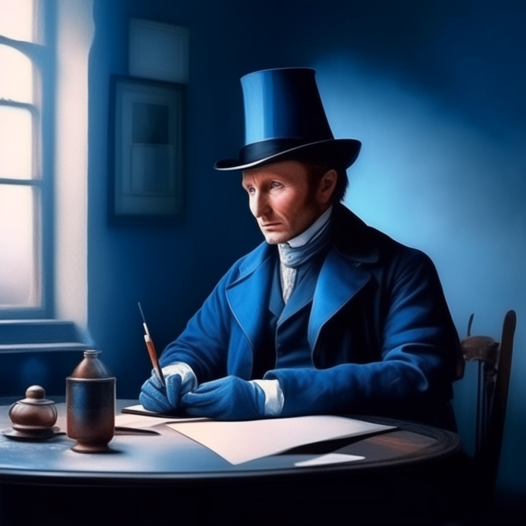 a man in a chimney sweep's clothes and a top hat sits at a table in an office, a hat on his head, a chimney sweep's brush in his hand, everyday realism, an advertising image in blue shades