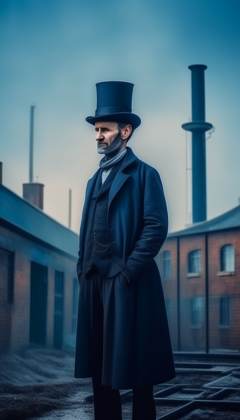 a man in a chimney sweep's clothes and a top hat, standing on the territory of a factory, everyday realism, advertising image in blue shades, aspect ratio 9x16