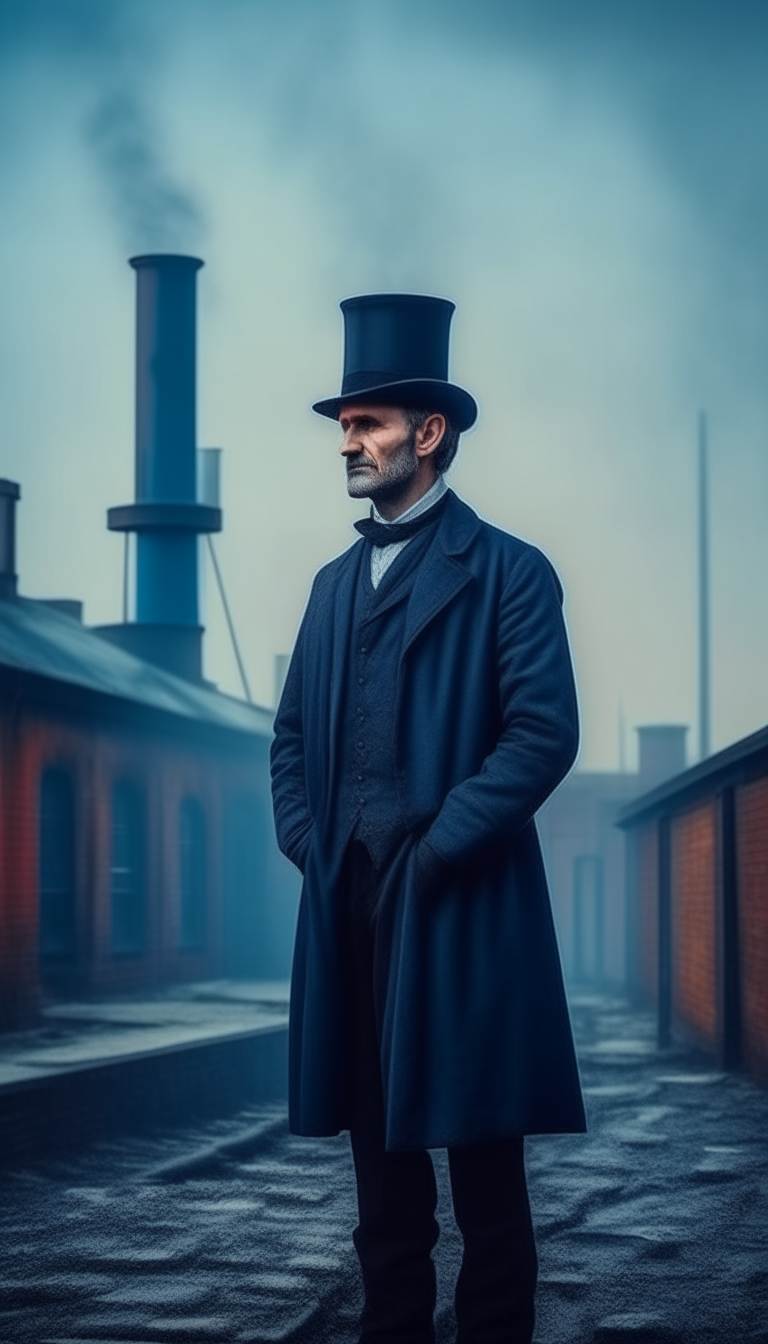 a man in a chimney sweep's clothes and a top hat, standing on the territory of a factory, everyday realism, advertising image in blue shades, aspect ratio 9x16