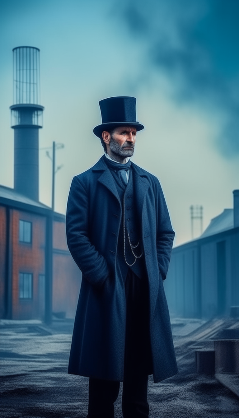 a man in a chimney sweep's clothes and a top hat, standing on the territory of a factory, everyday realism, advertising image in blue shades, aspect ratio 9x16