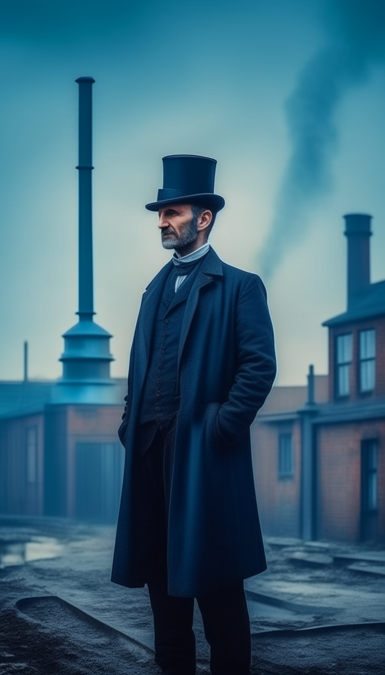 a man in a chimney sweep's clothes and a top hat, standing on the territory of a factory, everyday realism, advertising image in blue shades, aspect ratio 9x16