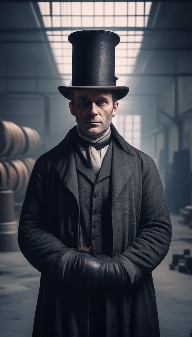 a man in a traditional chimney sweep uniform and top hat standing in a factory with ventilation ducts visible in the background, everyday realism, advertising image