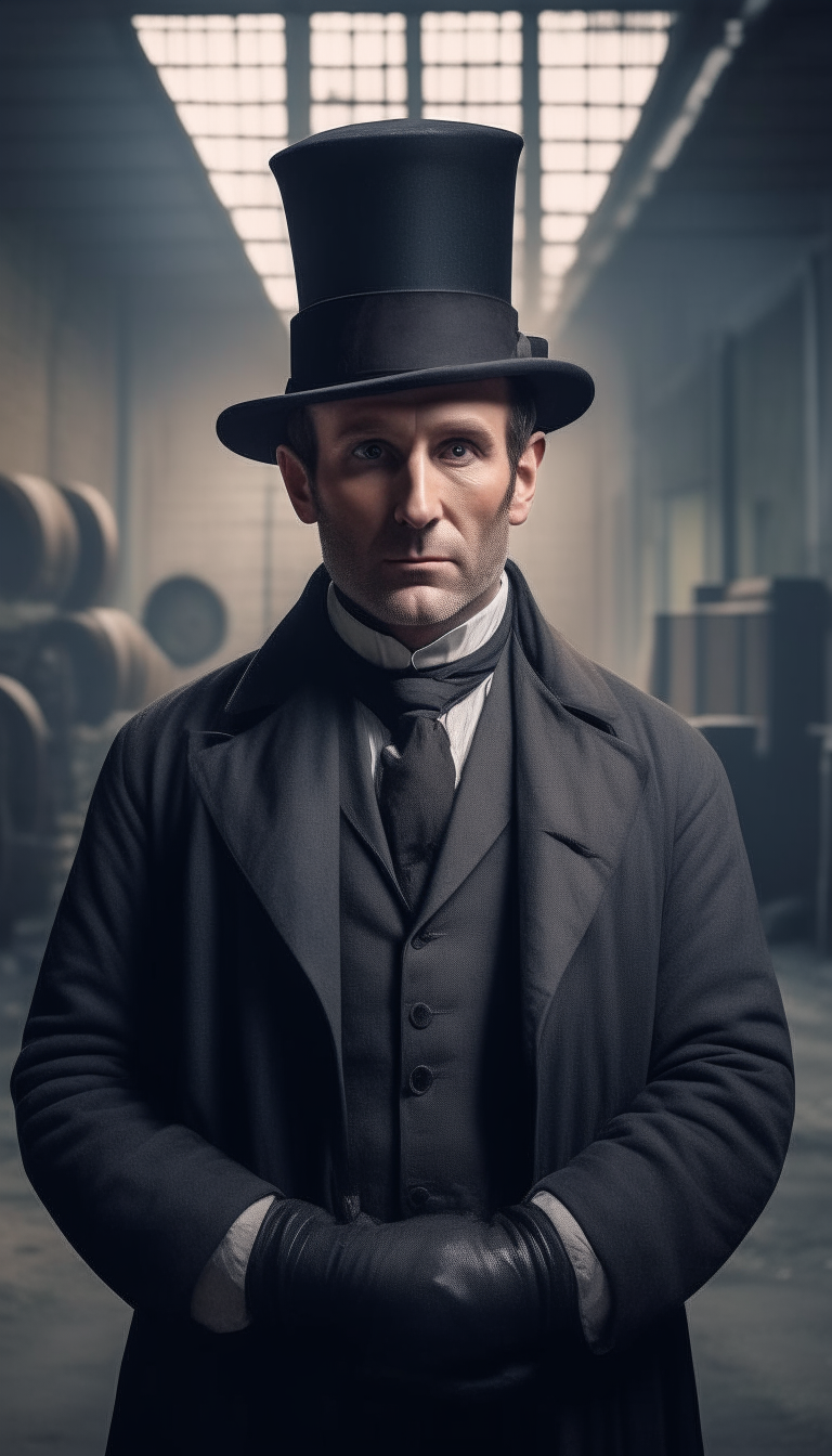 a man in a traditional chimney sweep uniform and top hat standing in a factory with ventilation ducts visible in the background, everyday realism, advertising image