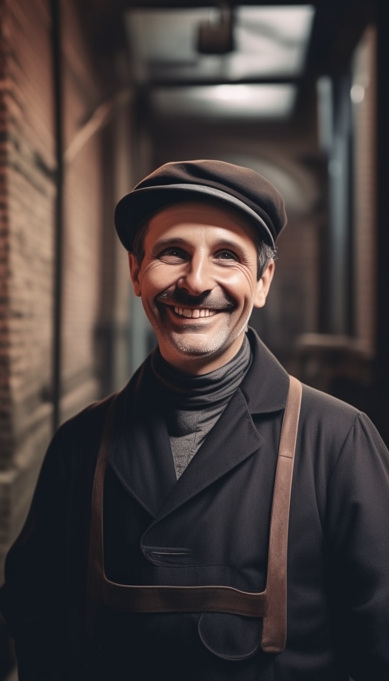 A charming chimney sweep smiles slightly as he stands confidently in a factory, ventilation ducts visible in the background. Everyday realism, advertising image.