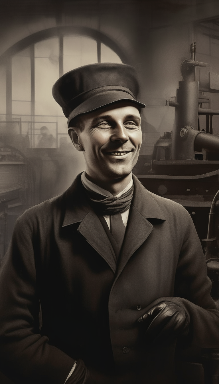 A dashing chimney sweep grins subtly amid factory machinery, ventilation systems overhead. Everyday realism, advertising image.