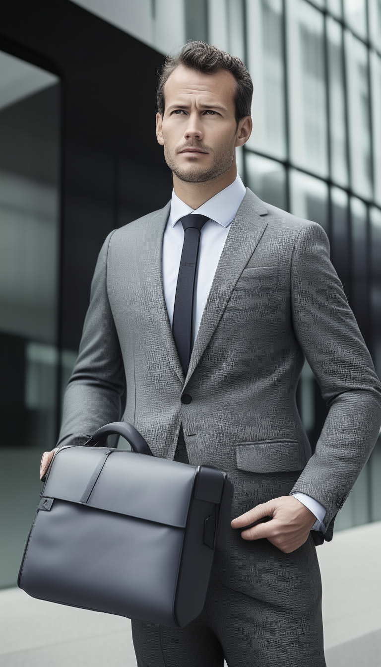 A well-dressed businessman stands confidently outside an office building, briefcase in hand.