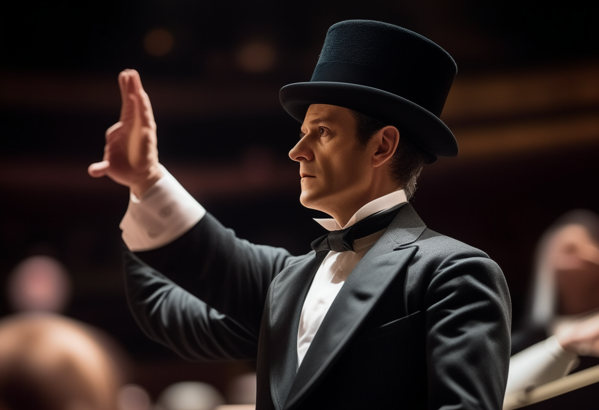 a man in a top hat conducting a symphony orchestra