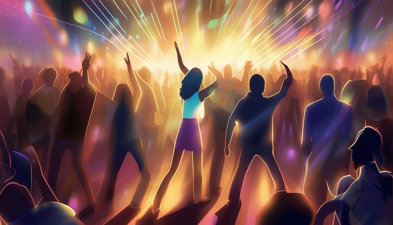 A crowd dancing under pulsing lights at a dance party, digital art