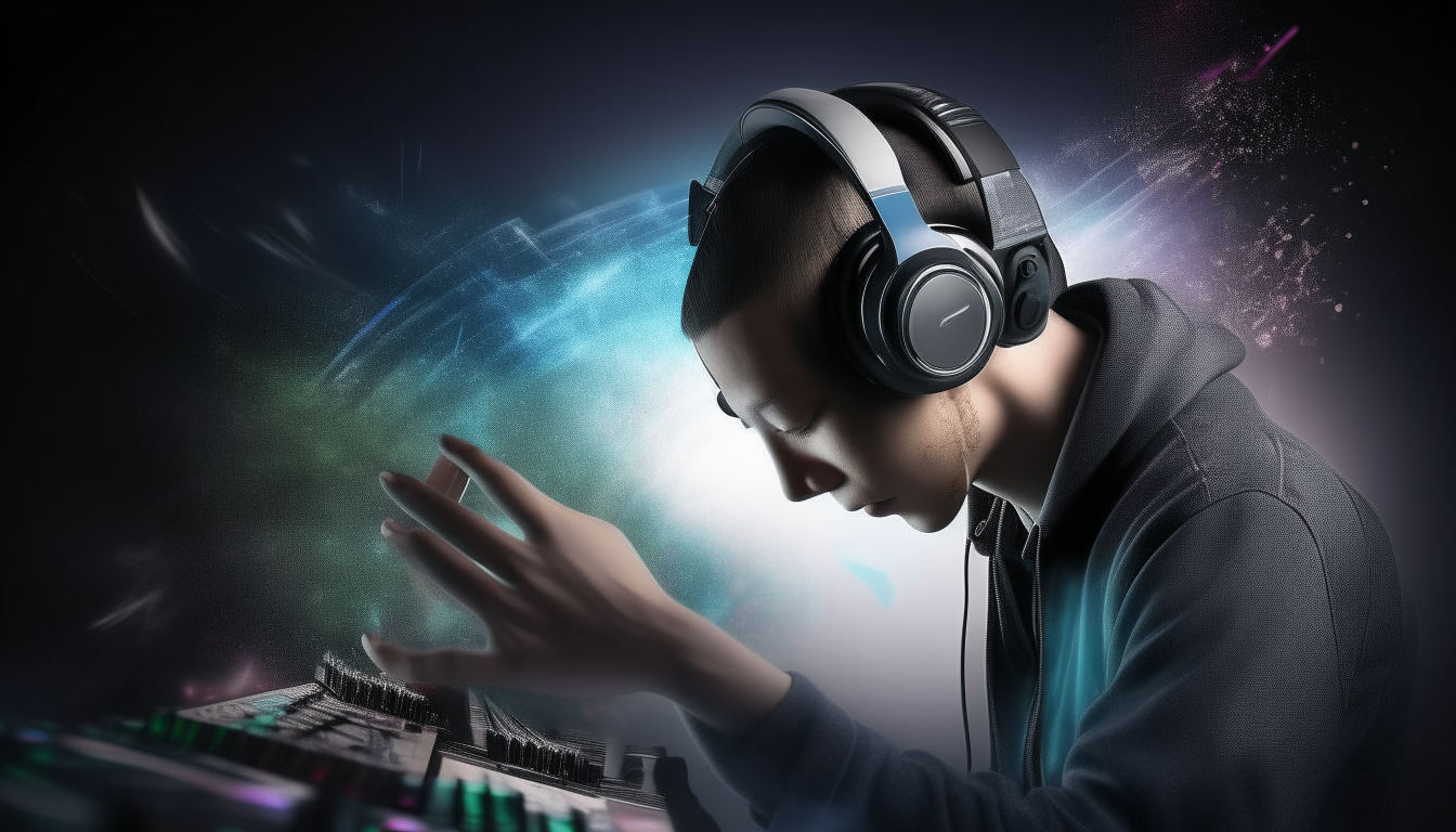 A DJ mixing tracks wearing headphones, focused, digital art