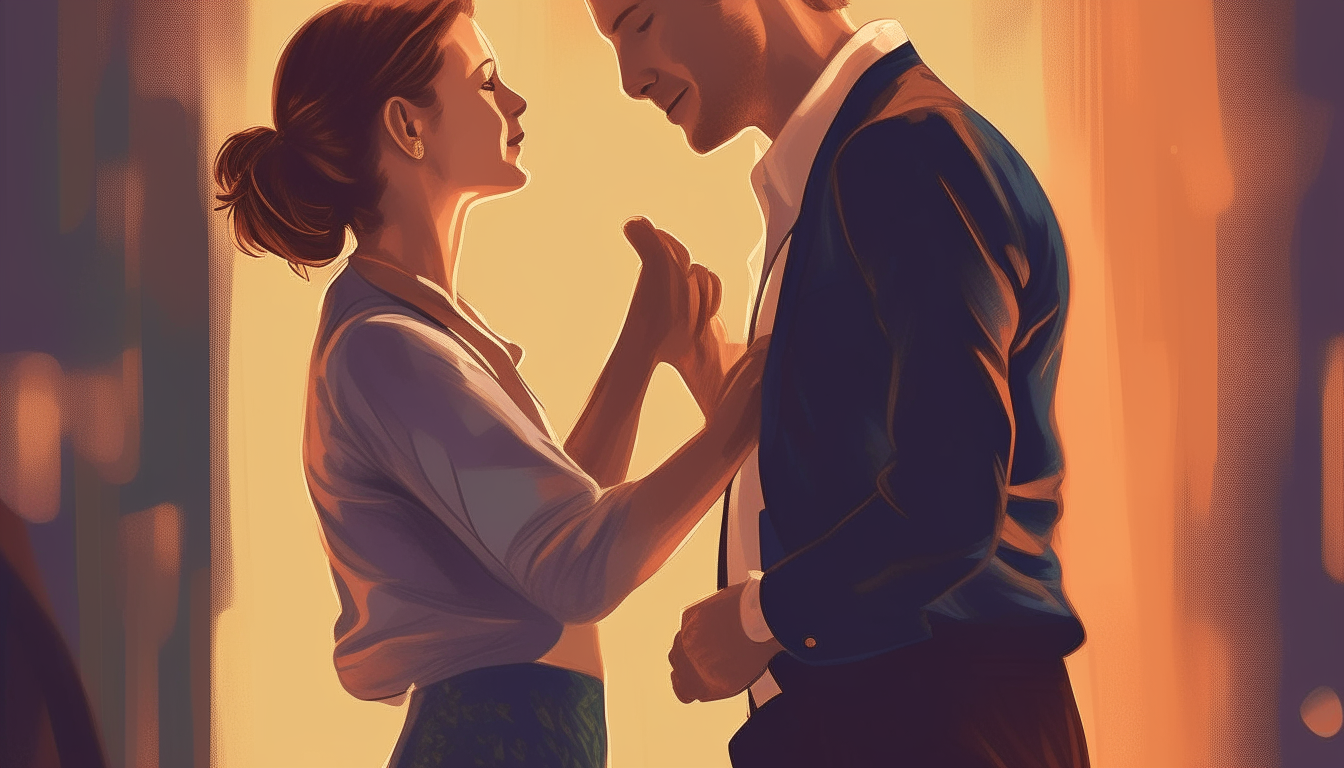 A couple gazing into each other's eyes while dancing, digital art