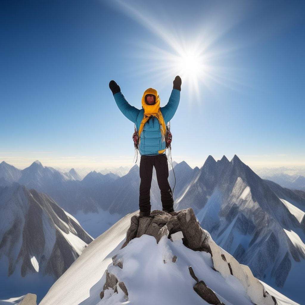 A mountain climber stands atop a snowy mountain peak, arms raised in triumph. The climber wears protective gear and holds an ice axe, standing before a breathtaking vista of jagged mountain peaks under a bright blue sky.