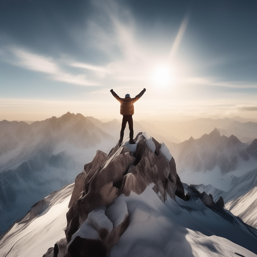 A mountain climber stands atop a snow-capped peak with arms raised in triumph, gazing out over the rugged mountain landscape. The climber has reached a pinnacle of achievement through perseverance and strength of will.