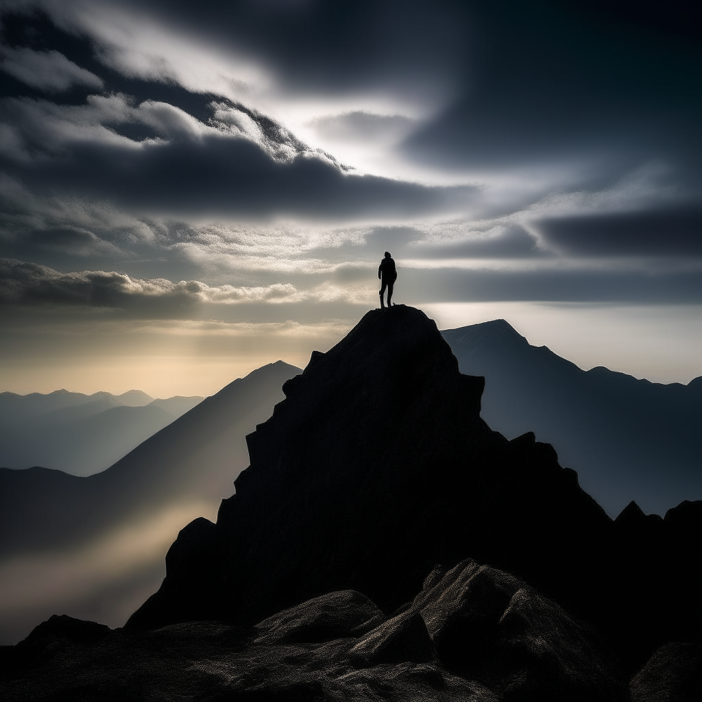 A lone figure stands at the summit of a mountain, silhouetted against a dramatic sky. Through dedication and perseverance, the climber has ascended to new heights both literally and figuratively.