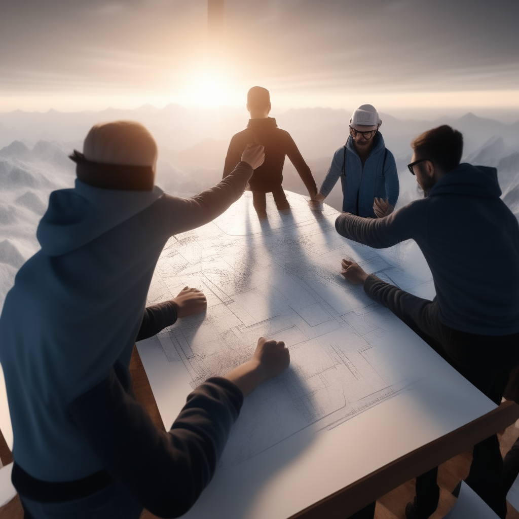 A group of people collaborate on designing a large architectural blueprint laid out on a table. Their teamwork and shared effort will allow them to achieve more than any could alone.