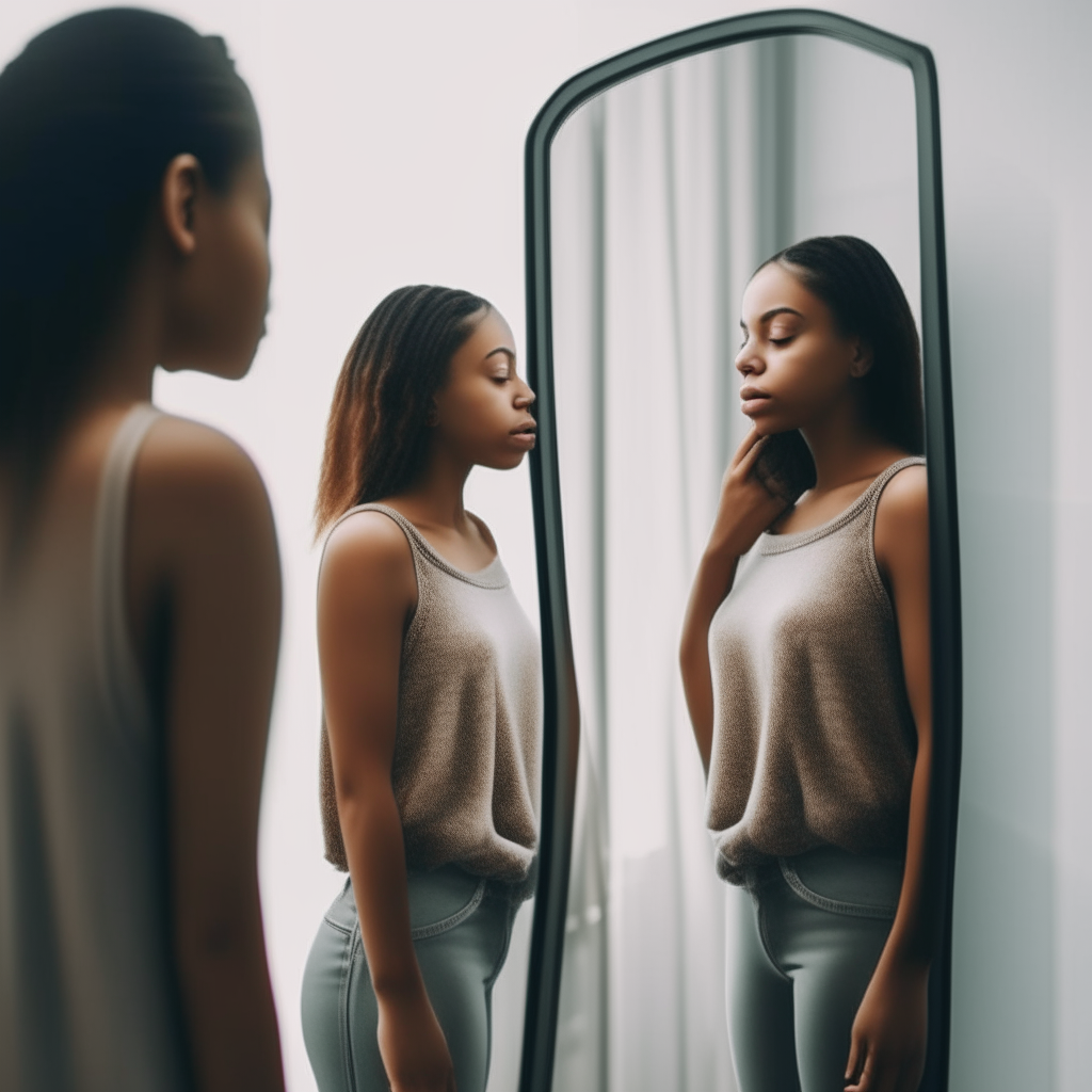 A young woman gazes at her reflection in a full-length mirror, standing tall with her shoulders back. She feels empowered and accepts herself completely for who she is.
