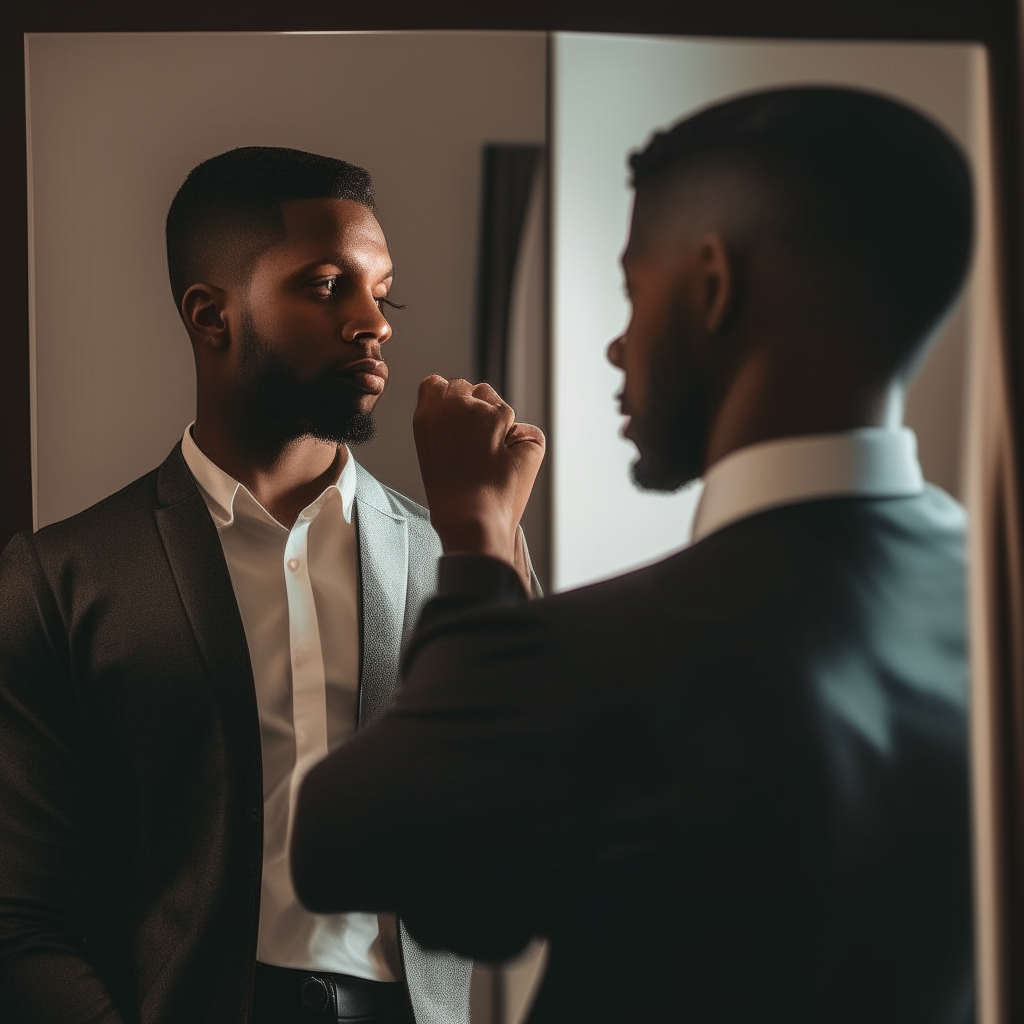 A man pauses while getting dressed to examine himself in the mirror. Though he sees room for growth, he feels proud of his accomplishments and values himself for his character over his appearance.