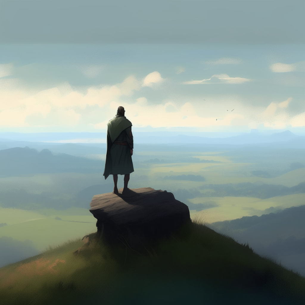 A figure gazes out at the horizon from a hilltop, taking in the vast landscape. Though weighed down, their stance suggests an indomitable spirit ready to push past difficulties.
