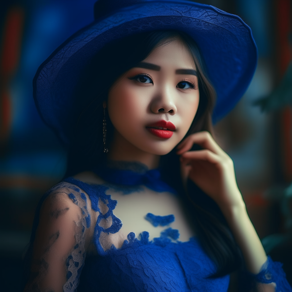 Beautiful Asian girl in long stockings in a blue lace dress and a straw hat.  Colorful and realistic 4k 80mm camera