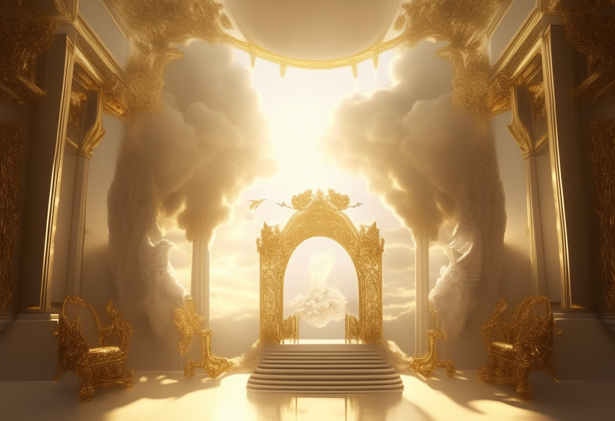 a majestic throne room in heaven, filled with radiant light. Gold and ivory furnishings, and cherubim line the walls and archways. A glorious landscape seen through arched windows. divine throne room, heavenly, angels, cherubim, gold, ivory, landscape, clouds, 8K