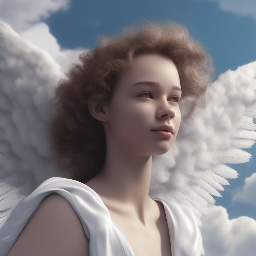 a photorealistic portrait of an angel with wings soaring through fluffy white clouds, 4K ultra HD