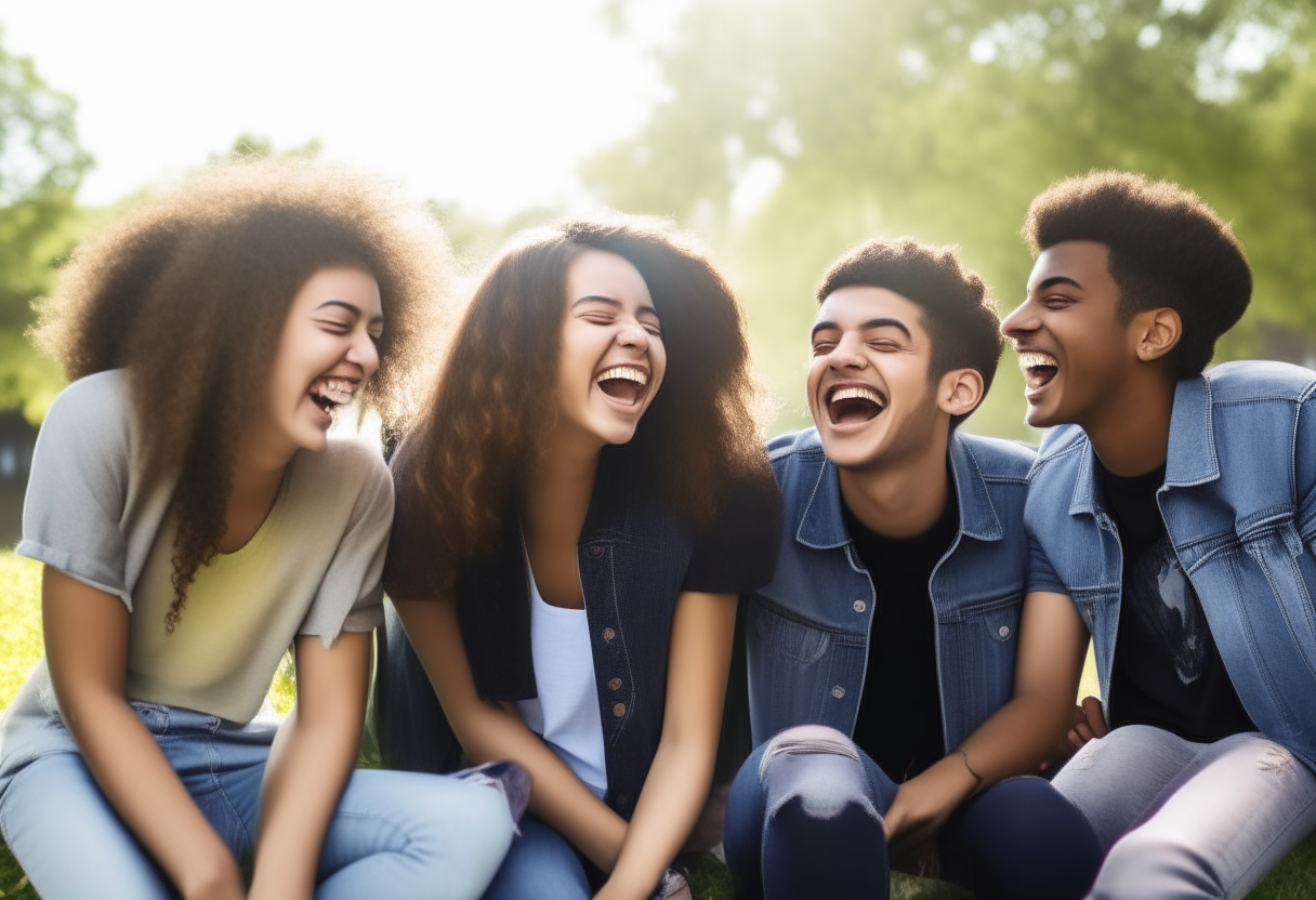 A diverse group of happy teens and young adults laughing together in a sunny park