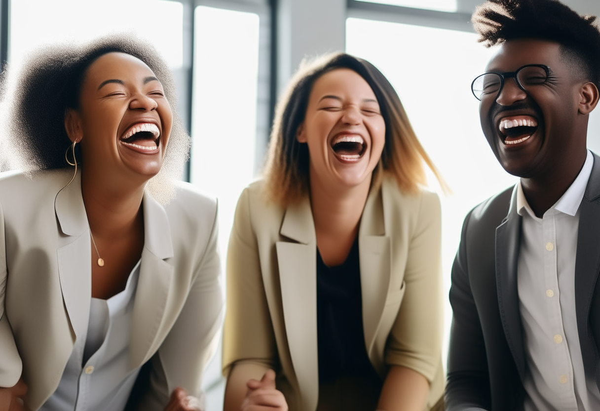 A diverse group of happy young adults in business attire laughing together in a sunny office space