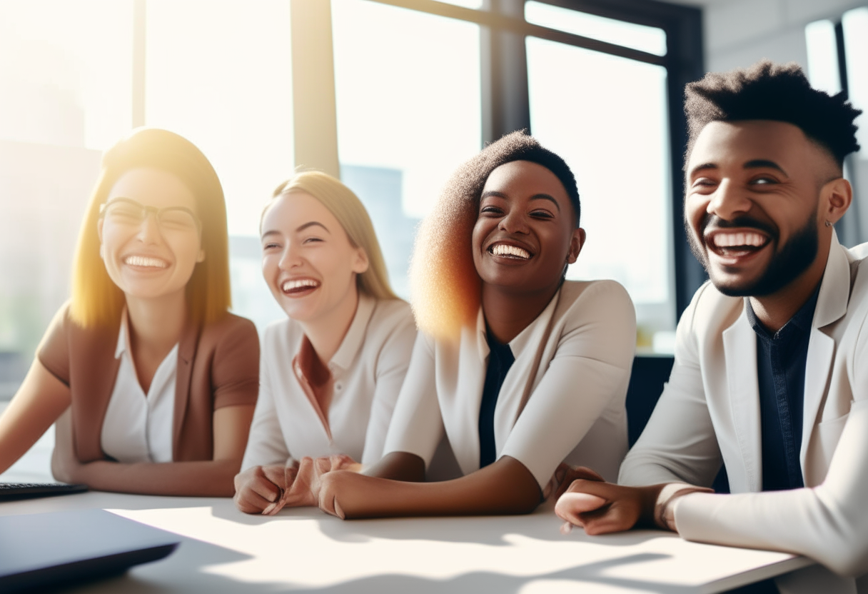 A diverse group of happy young professionals sitting at desks in a sunny office