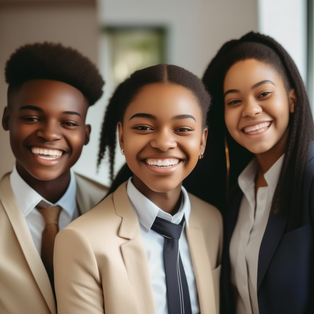 a group of beautifully dressed, professional African American teenagers in a work training program, smiling, happy, portrait