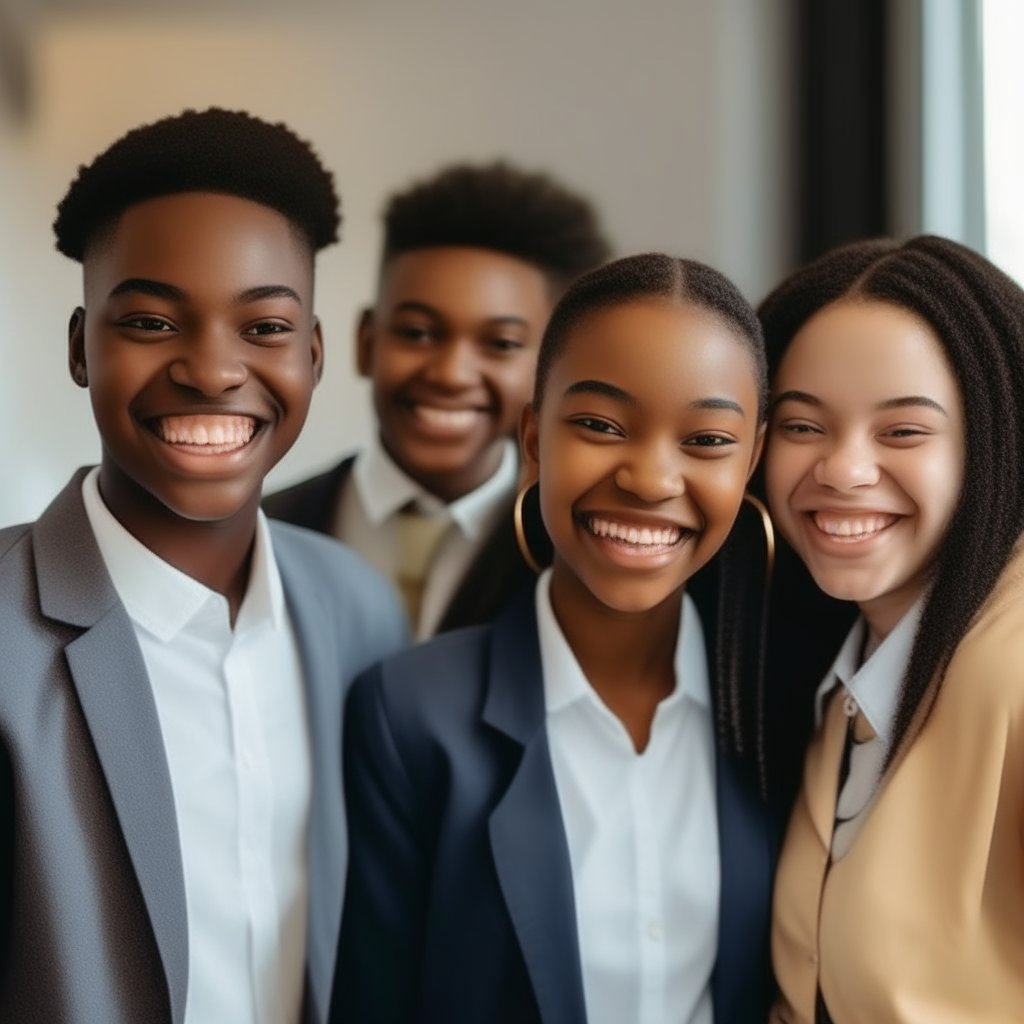 a group of beautifully dressed, professional African American teenagers in a work training program, smiling, happy, portrait