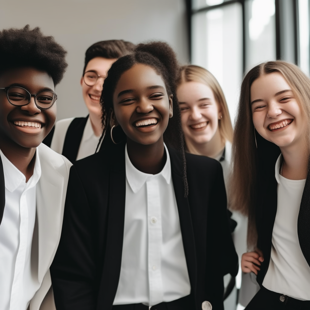 a group of beautifully dressed, professional white and black teenagers smiling together at a work training program