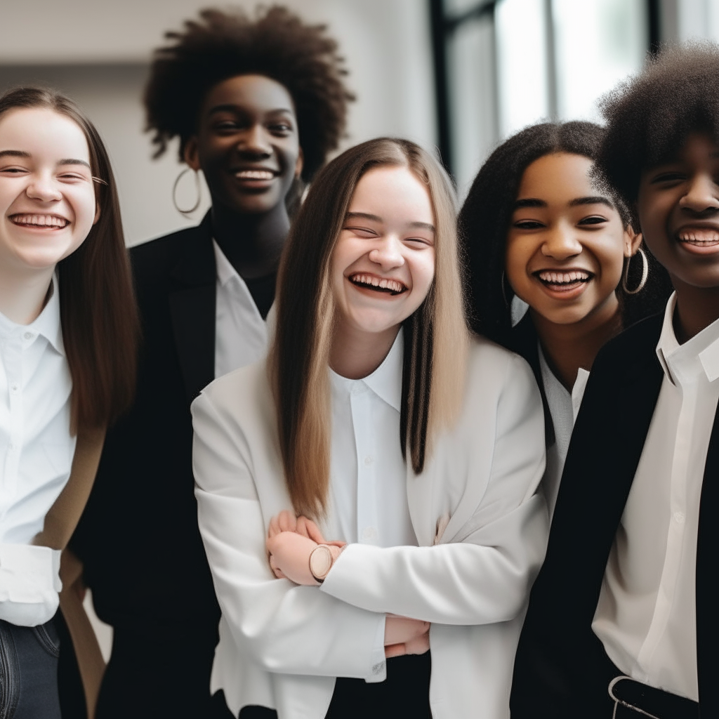 a group of beautifully dressed, professional white and black teenagers smiling together at a work training program