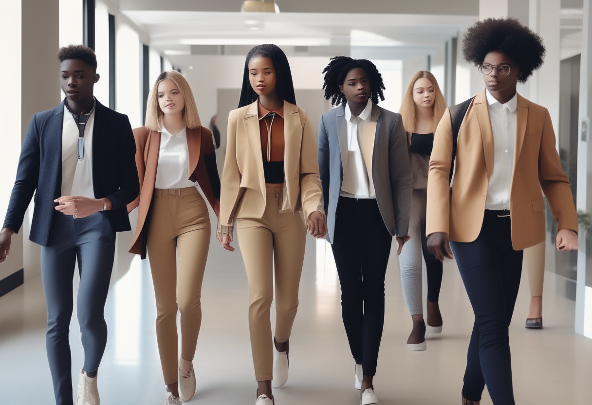 a group of professionally dressed teenagers of different ethnicities walking into a modern office lobby for their first day of a work training program