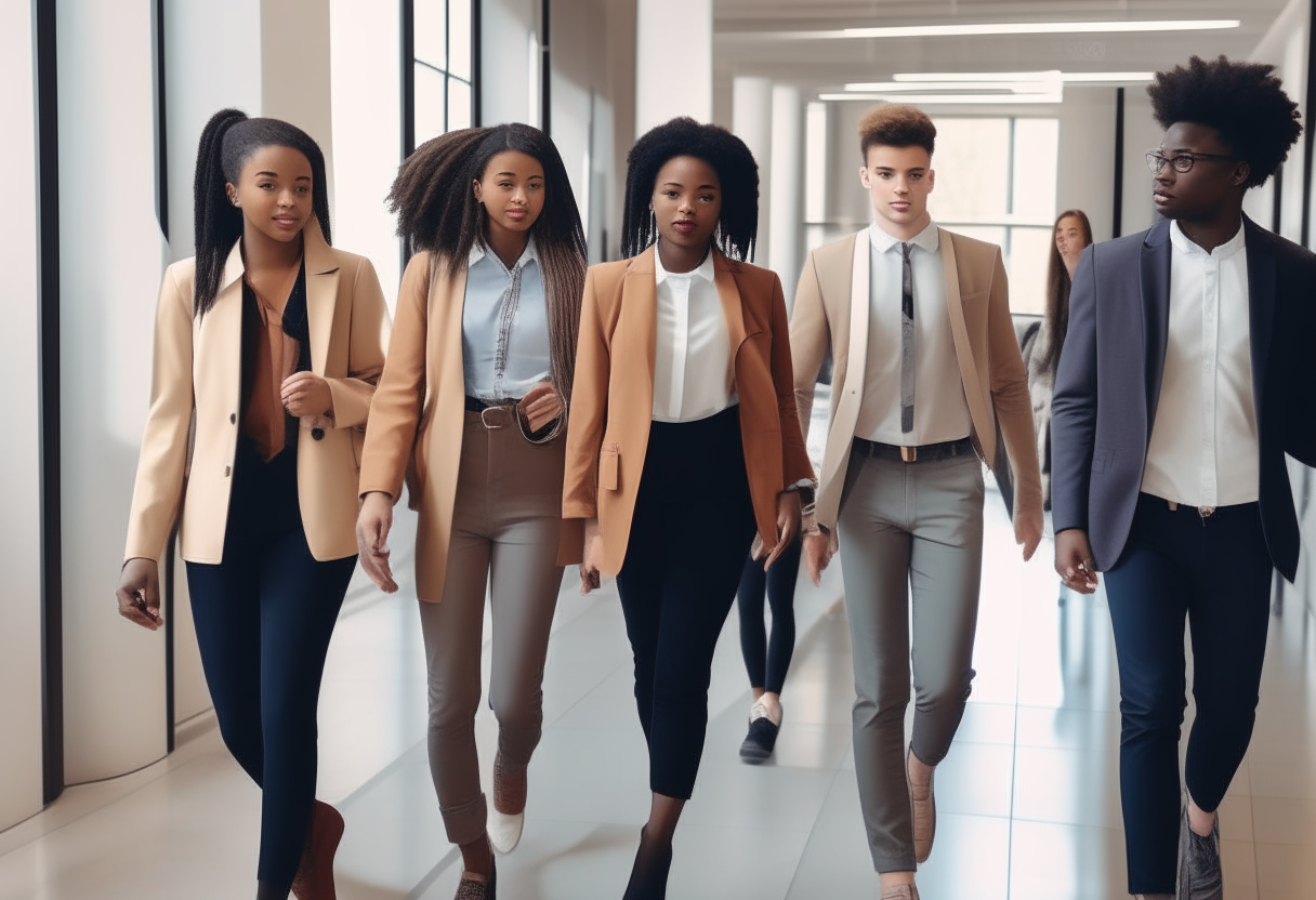 a group of professionally dressed teenagers of different ethnicities walking into a modern office lobby for their first day of a work training program