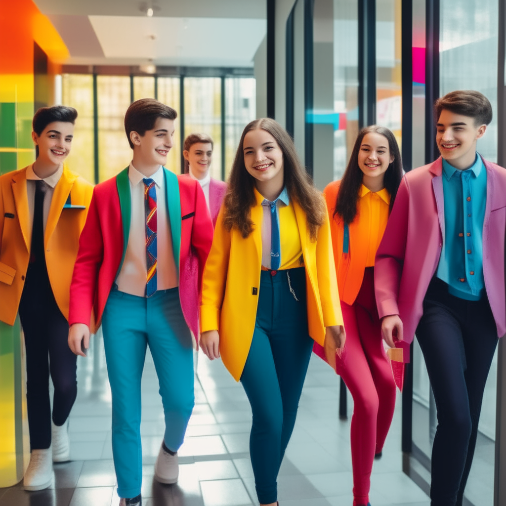 a group of smiling teenagers wearing brightly colored professional attire entering a modern office lobby