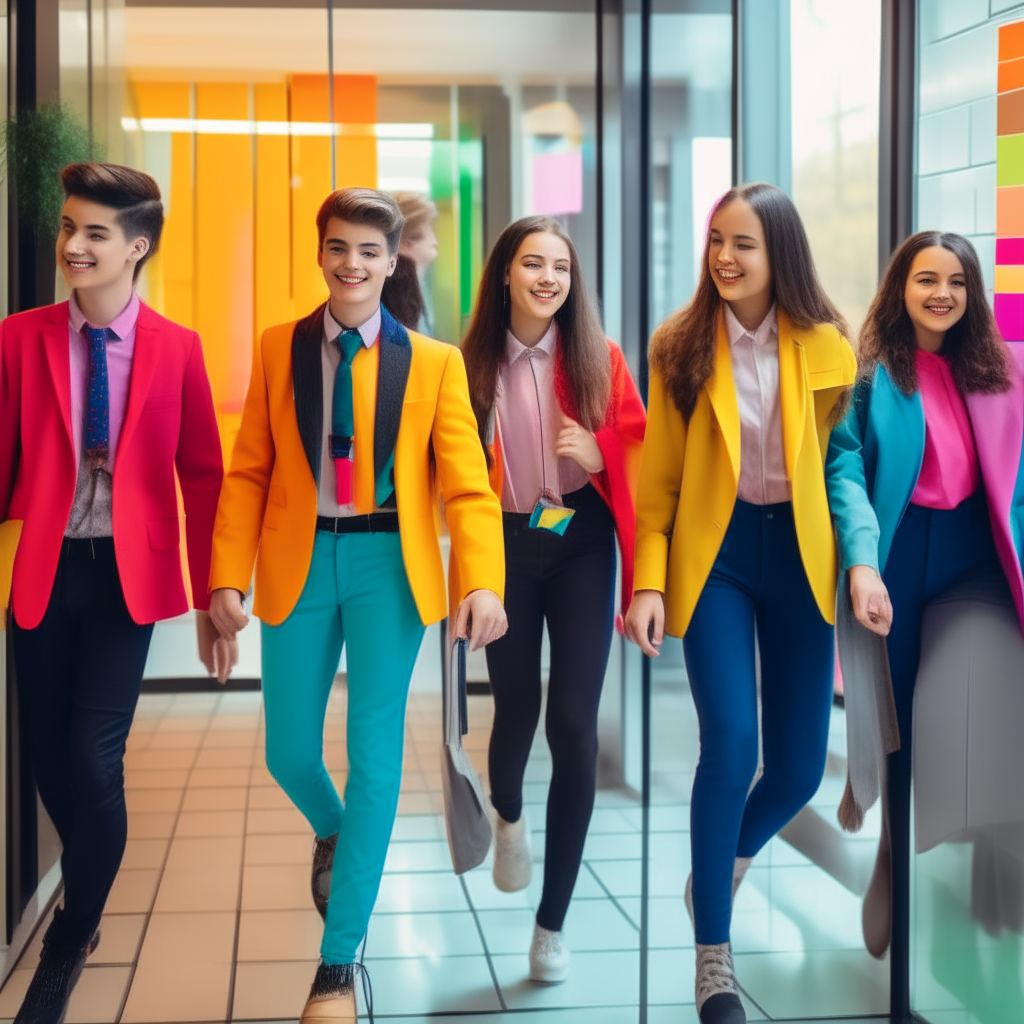 a group of smiling teenagers wearing brightly colored professional attire entering a modern office lobby