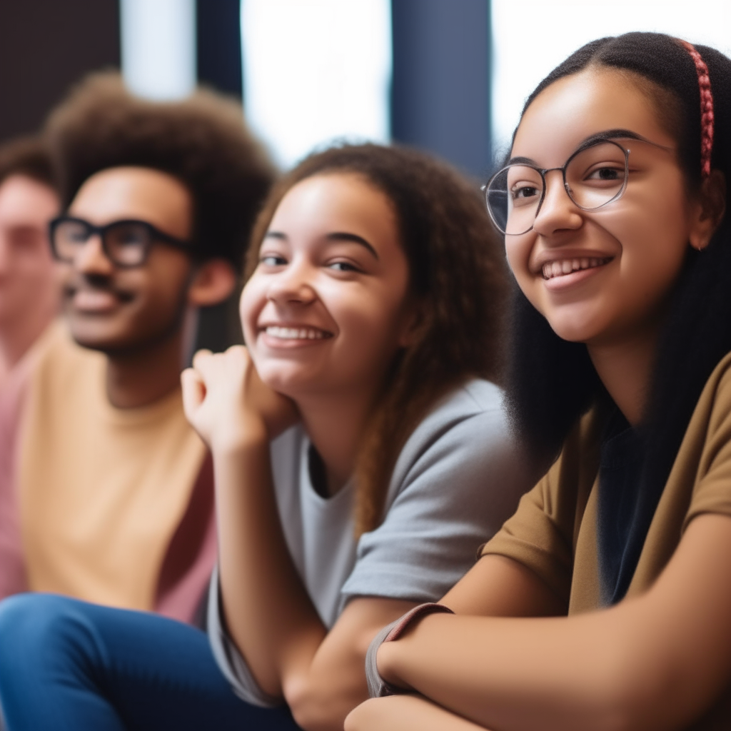 a group of diverse teenagers listening to a work training program mentor, some look excited and smiling, others shy or pensive