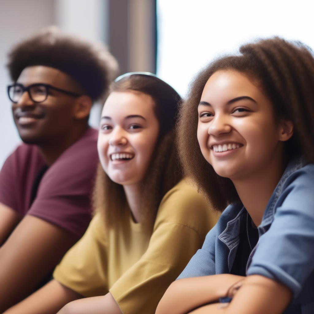 a group of diverse teenagers listening to a work training program mentor, some look excited and smiling, others shy or pensive