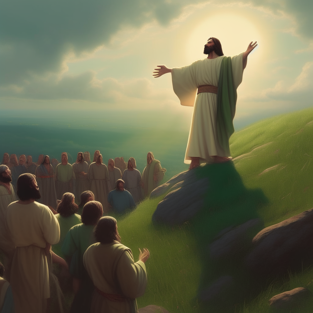 Jesus stands atop a grassy hill, his outstretched arms welcoming the crowd gathered at its base. Faces turned up the slope are rapt with attention, illuminated by his message of hope.