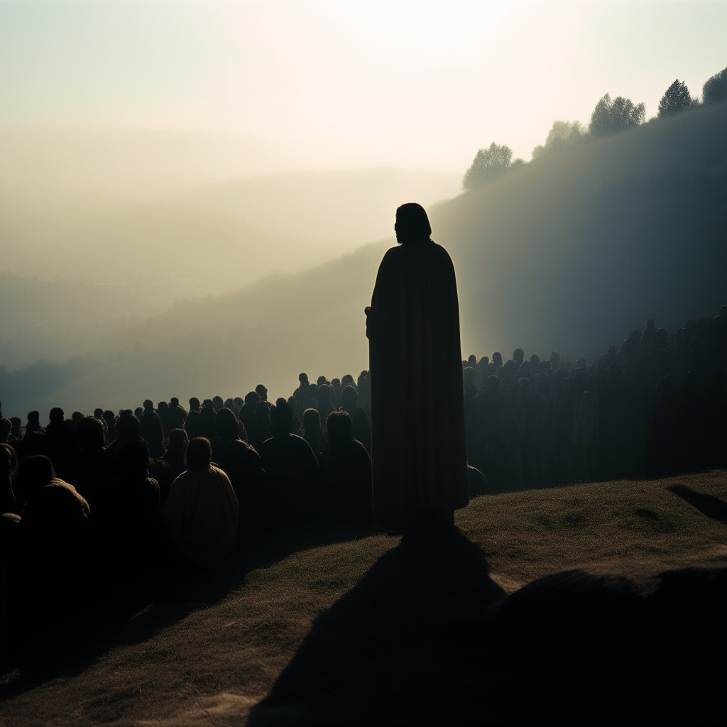 From a distance, the silhouette of Jesus addresses a vast audience filling the valley below. Though details are obscured, the posture of teacher to students is clear as his words carry on the breeze.